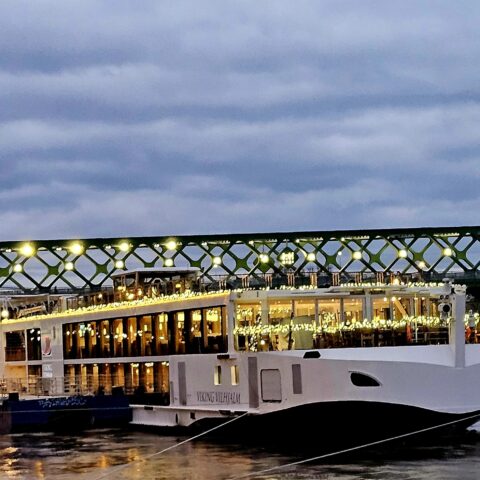 Viking River cruise ship at night