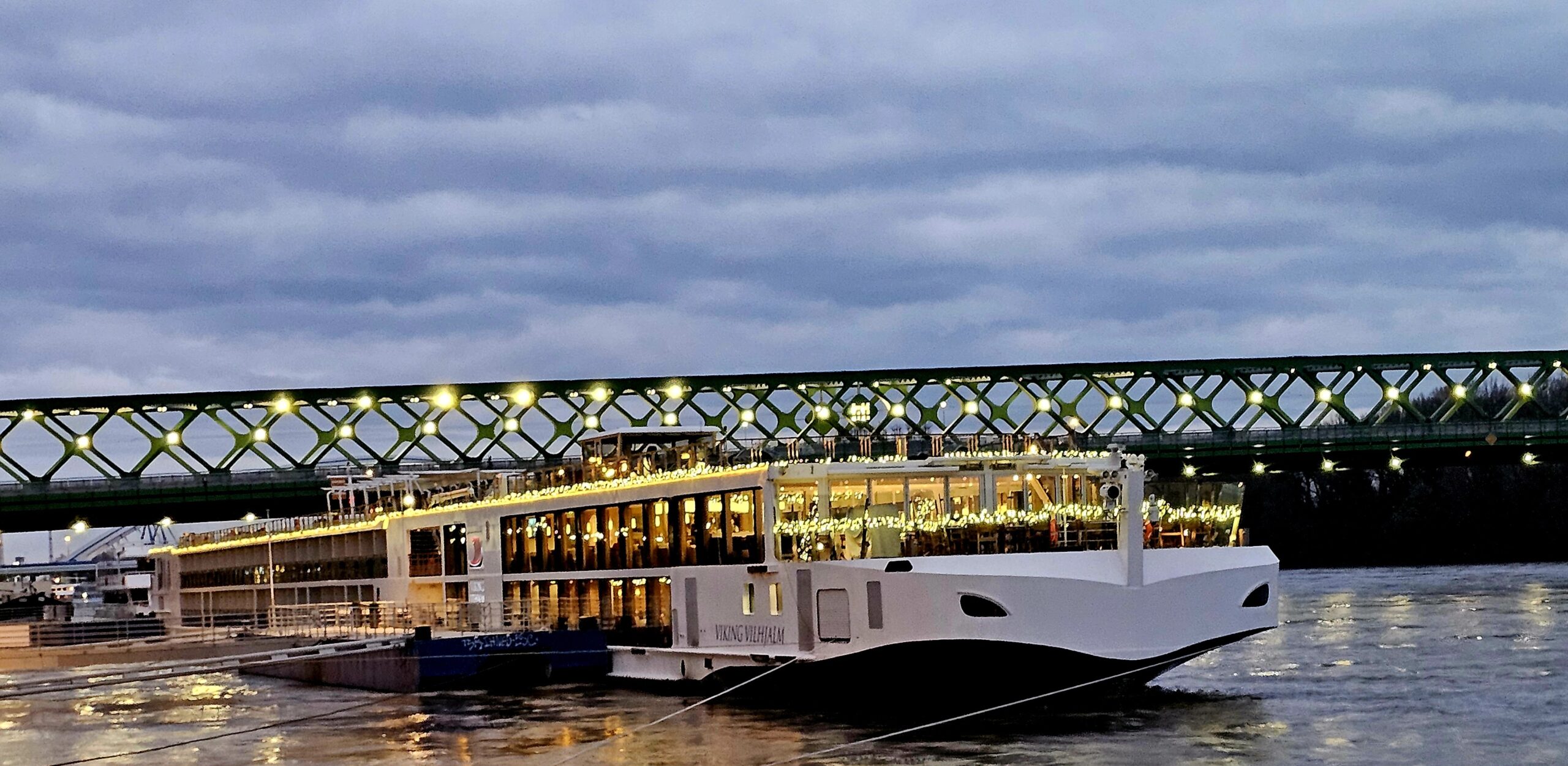 Viking River cruise ship at night